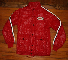 BELL Helmets Vintage 70s Racing Stripe Moto Car Red Puffer Jacket USA Small 19”