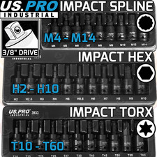US PRO IMPACT Hex Torx Spline Bit Sockets 3/8" Drive Short Reach Star HX Allen