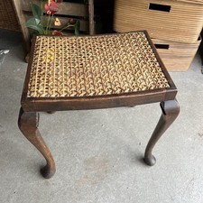 Midcentury Rattan Palm Cane Wicker Stool Hardwood Cabriole Legs Queen Ann Style