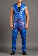 MEN'S REAL SOFT LEATHER BLUE CARGO JUMPSUIT CATSUIT OVERALL BODYSUIT SLEEVELESS