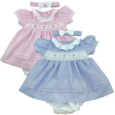 Baby Girl Dress Headband Knickers Set Outfit Smocked Embroidered Bow Pink Blue