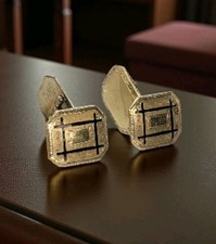 Vintage Art Deco Cufflinks Signed B.M. Gold Plated Black Enamel Design Handmade