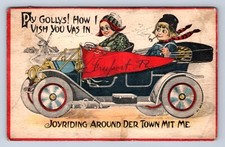 VINTAGE PY GOLLY! HOW I VISH YOU VAS IN  JOYRIDING AROUND DER TOWN POSTCARD BE