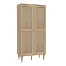 Tall Rattan Display Cabinet - Oak 80cm Storage Unit with Shelves & Doors