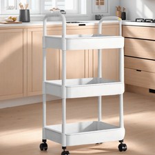 3-Tier Small Rolling Storage Cart Multi Purpose Utility Organizer White PVC