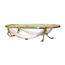 Italo Valenti Brass Faux Elephant Tusks Coffee Table 70s Glass Hollywood Regency