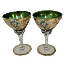 Murano Green Liqueur Glasses Gold Hand Painted Floral Pair 1970 Italy Cordial