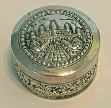 Vintage Silver Plate Round Stash Pill Box w/Etched Palace Design & Floral Scroll