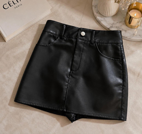Black faux leather skort - black,