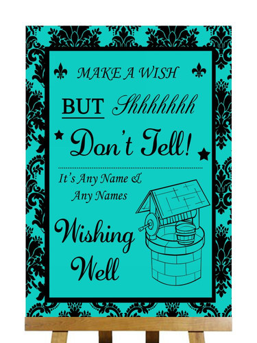 Turquoise black damask - black, wishing