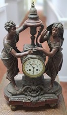 Antique French Spelter/Bronze & Marble Mantel Clock With Garnitures
