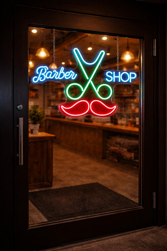 Neon light sign board - neon, barber