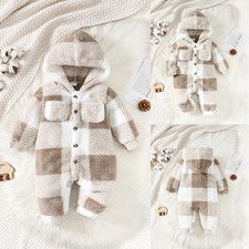 Newborn Baby Girls Fleece Teddy Bear Hooded Romper Pants Jumpsuit Tartan Clothes