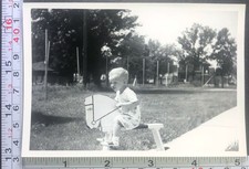Little Boy Rocking Horse Riding Wooden Toy Sawhorse Old BW Photo Snapshot
