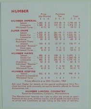 Humber Sceptre Hawk Super Snipe Imperial Price List 1964 October