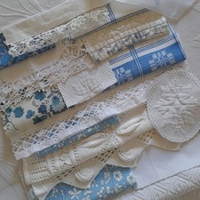 Vintage Textile Bundle Unique Antique Fabric Crafting Materials, Blue and White