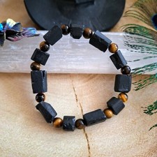 Raw black tourmaline and tigers eye crystal bead healing bracelet root chakra 