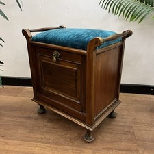 Antique Edwardian MAHOGANY Piano Stool with music storage cabinet BLUE VELVET