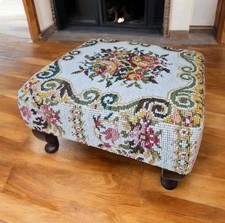 Vintage Floral Low Square Tapestry Footstool/Foot Rest With Shaped Wooden Legs
