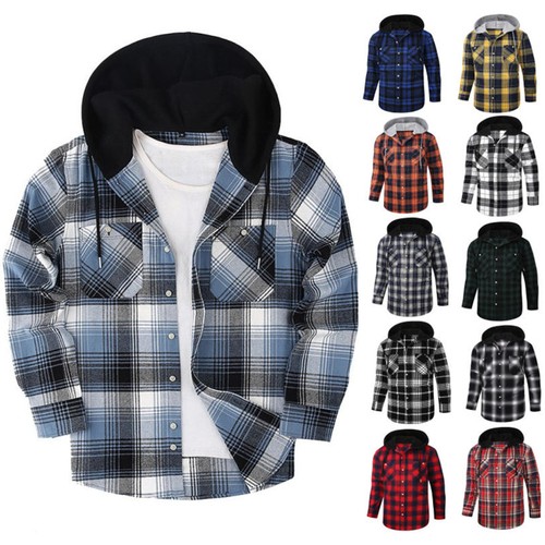 Mens checked hooded shirt - checked,