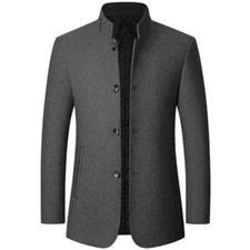 Mens Casual Woolen Blend Jacket Trench Coat Single Breasted Stand Collar Outwear