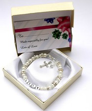 New baby child girl personalised christening holy communion bracelet cross & box