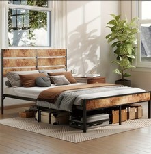 King Size Metal Bed Frame with Wooden Headboard, Underbed Storage, Rustic Brown