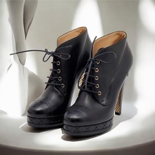 Chanel Black Leather CC Cap Toe Lace Up Platform Ankle Boots Size 37C