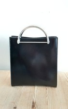 TOPSHOP Bag Black Faux Leather Grab Silver Metal Half Moon Twin Handles + Strap 