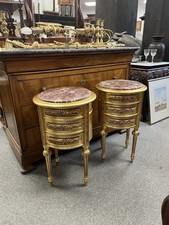 Pair Round French Gilt Gilded Marble Top Louis XVI Bedside Lamp Tables Chest