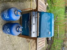 outback gas bbq, blue, wooden