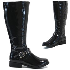 LADIES KNEE THIGH HIGH BOOTS CASUAL RIDING FASHION LOW FLAT HEEL BUCKLE ZIP SIZE