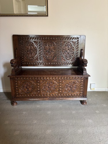 Vintage carved oak monks bench - oak,
