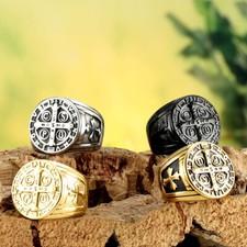 Men's St Benedict Exorcism Ring Stainless Steel Catholic Cross Demon Protection
