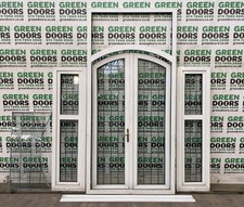 FRENCH DOORS WITH WINDOWS TOPLIGHT LEADED GLASS EXTERNAL EXTERIOR USED ARCHED