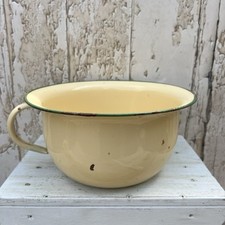 Vintage Cream & Green Rim Enamel Chamber Pot Planter Bathroom Storage