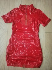 New Red Glossy PVC Back Zip Mini Dress Club Wear Size UK 12