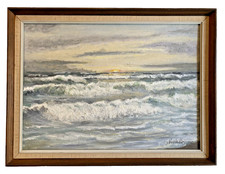 Vintage Scandinavian Oil Painting Seascape Sunset Over Waves Signed Niels Framed