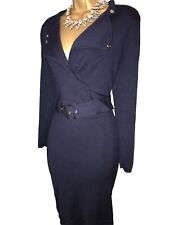 Karen Millen Size 2 UK 10 12 RARE NAVY BLUE MILITARY BELTED JUMPER DRESS