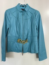 Pamela McCoy Blue Belted Leather Jacket w/ Snake Buckle & Stitching | Womens XS