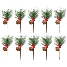  10Pcs Artificial Pine Pick Christmas Pine Needles with Red Berries Pine Cones
