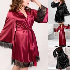 Women Satin Silk Lace Bathrobe