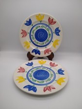 2 Vintage EIT England Dinner Plates 25cm Tulip Floral Stoneware Blue Red Yellow