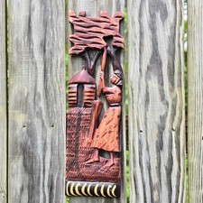 African wooden handcarved original wall hangings decor working woman wood art