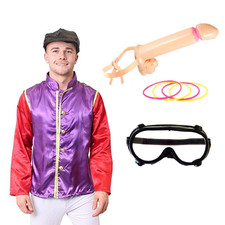 MEN'S KNOB JOCKEY STAG DO COSTUME HORSE RIDER RACING FANCY DRESS GREEN YELLOW