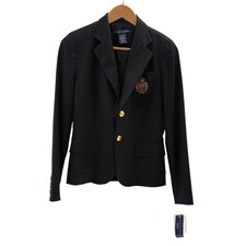 Ralph Lauren Blazer Crest Cricket Dark Nay Blue Gold Buttons Women 6 Wool New
