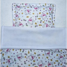 Dolls pram cot bedding set - Cute bunnies and flowers with white fleece reverse 