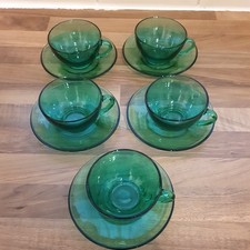 5 X Vintage Arcoroc France Green Glass Cafe Style Cups And Saucers VGC