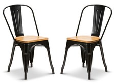 2 Matt Black Oak Wood Seat Tolix Style Stacking Dining Chairs Metal Industrial 