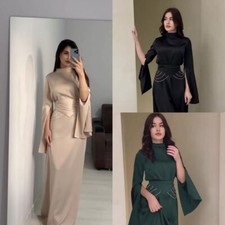 Dubai High Collar Long Sleeve Dress Elegant Women Satin Burqa Lady Muslim Gown